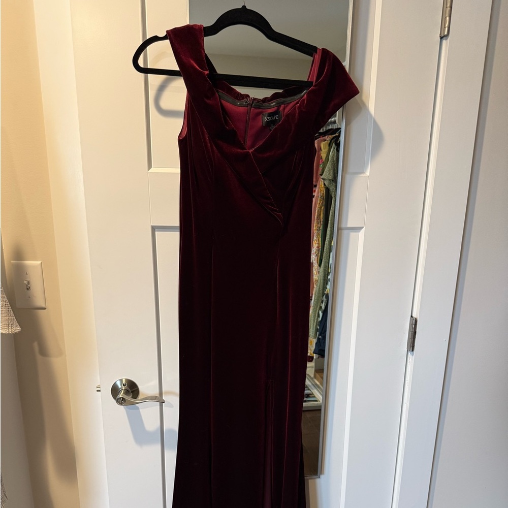 Xscape One Shoulder Burgundy Dress